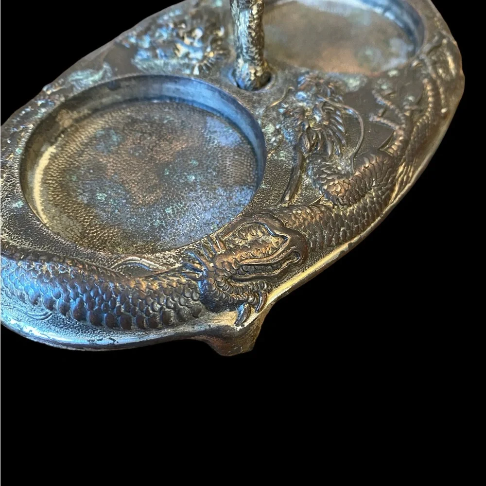 Vintage Japanese Dragon Silver Salt Cellar Caddy Tray • Repousse Antique